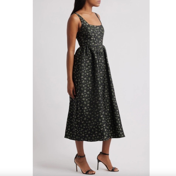 NEW LULUS Black CELINE Floral CORSET Square Neck COCKTAIL Midi DRESS S - Picture 15 of 16